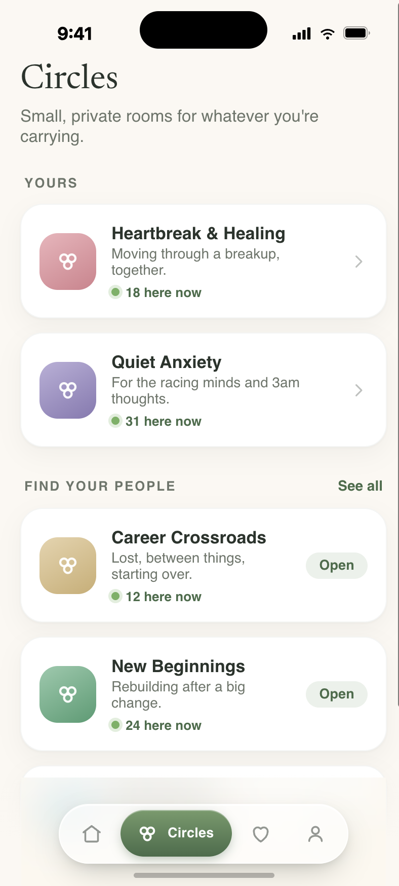 Healio circles screen listing support circles you can join