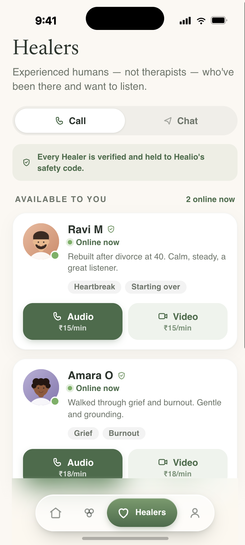 Healio healers screen with verified listeners available by audio or video call