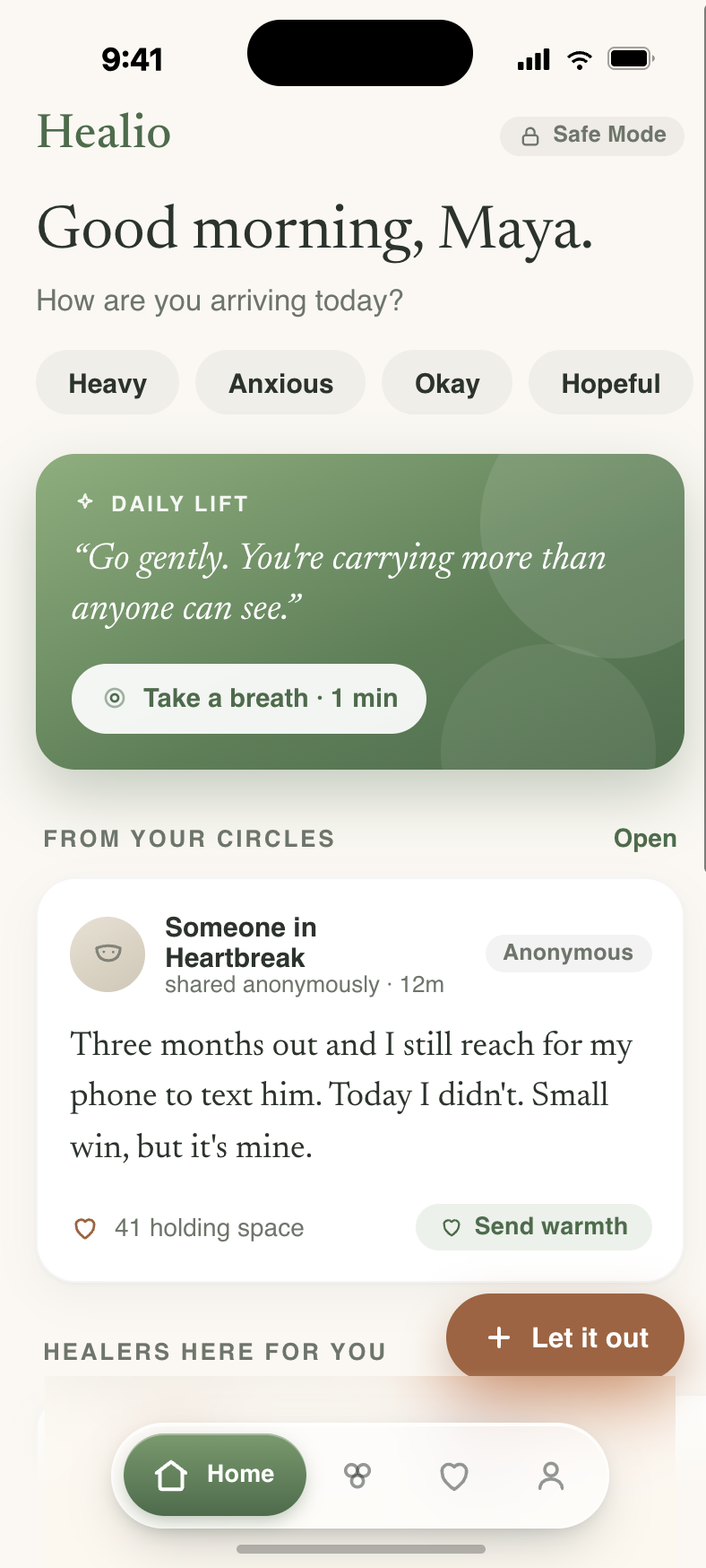 Healio home screen showing a daily lift and posts from your circles